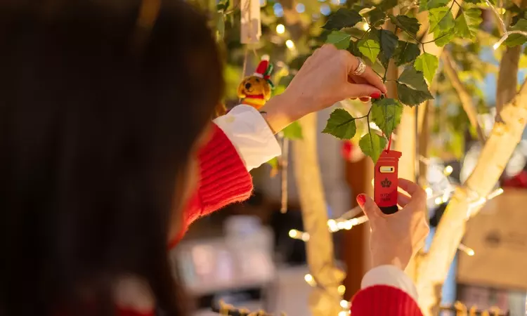 The tree in the Royal Parks shop is being decorated with lights and a postbox decoration